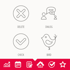 Delete, check and chat speech bubble icons.