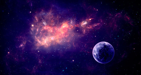 Space scene. Violet nebula with planet. Elements furnished by NASA. 3D rendering