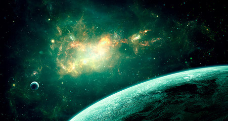 Space scene. Green nebula with two planet. Elements furnished by NASA. 3D rendering - obrazy, fototapety, plakaty