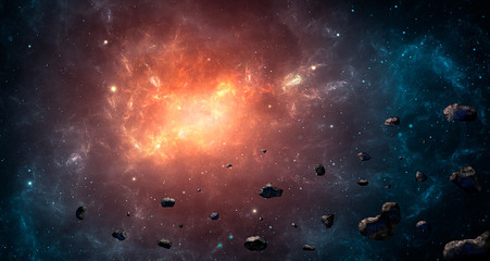 Space scene. Blue and orange nebula with asteroids. Elements furnished by NASA. 3D rendering