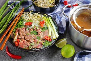 Vietnamese soup Pho Bo with rice noodle