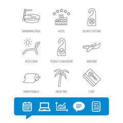 Hotel, swimming pool and beach deck chair icons.