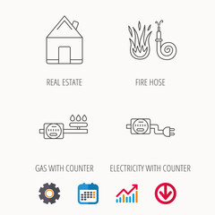 Real estate, fire hose and gas counter icons.