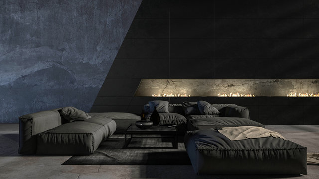 Dark Monochromatic Grey Living Room Interior