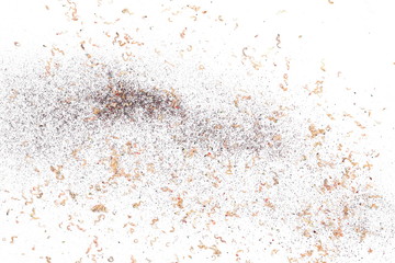 Wooden pencil shavings from sharpener isolated on white background, top view