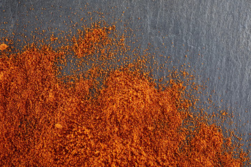 Texture background. Red chilli pepper powder. Top view