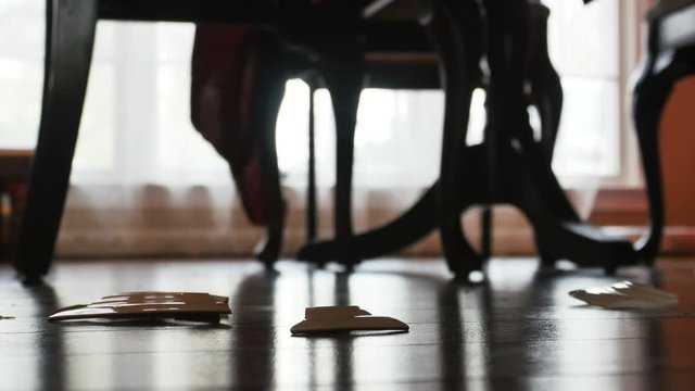 2654 Shattered Glass Plate Broken On Hardwood Floor Under Table, 4K