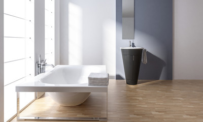 Fototapeta na wymiar Bathtub with washbasin in minimalist bathroom
