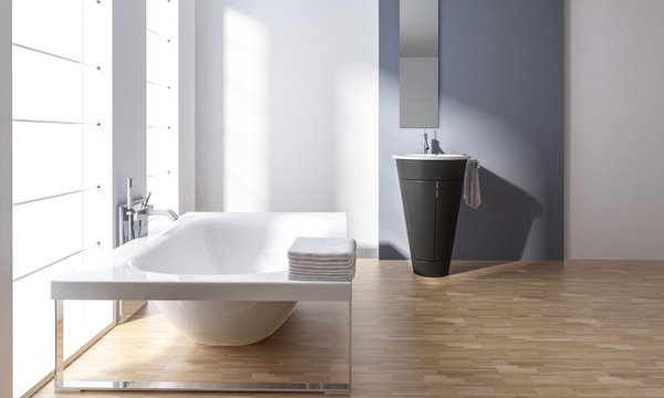 Bathtub with washbasin in minimalist bathroom