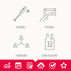Football, team assistant and baseball icons.