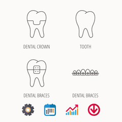 Dental crown, braces and tooth icons.
