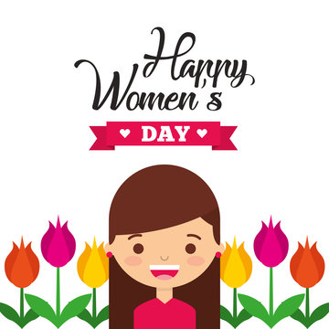 smiling girl beautiful tulip flowers happy womens day card vector illustration