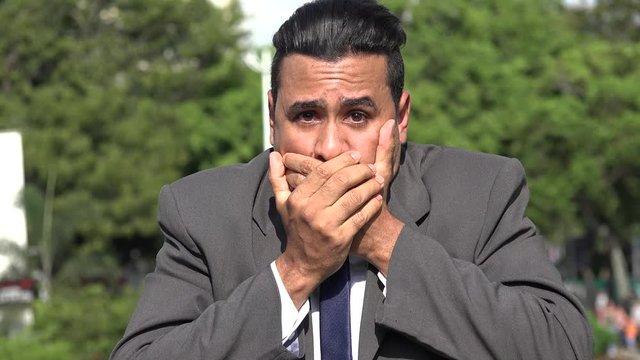 Hispanic Business Man Covering Ears Eyes Mouth