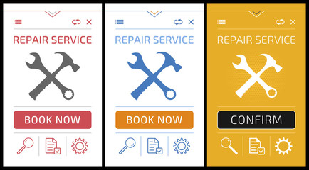Online Repair Service App - Smartphone Screens. Vector graphic design of mobile application on the theme of 'Technical Service / Support'.