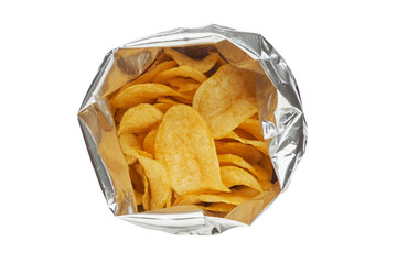 Potato chips in a silver package isolated on a white background close-up.