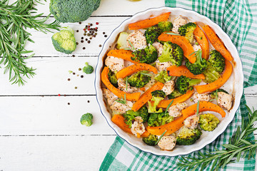 Dietary menu. Baked chicken filet with a broccoli and pumpkin with spicy herb. Top view