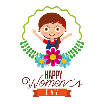 cute girl smiling round frame flowers happy womens day poster vector illustration