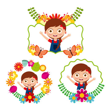 differents label cute girl happy flowers floral decoration vector illustration