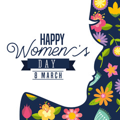 white silhouette profile female and flowers happy womens day card vector illustration