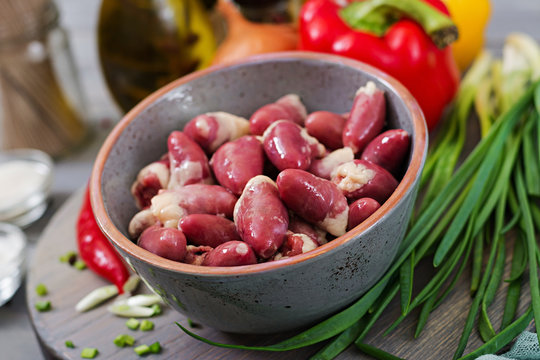 Raw chicken hearts. Ingredients for cooking stir-fry and buckwheat noodles. Chinese cuisine
