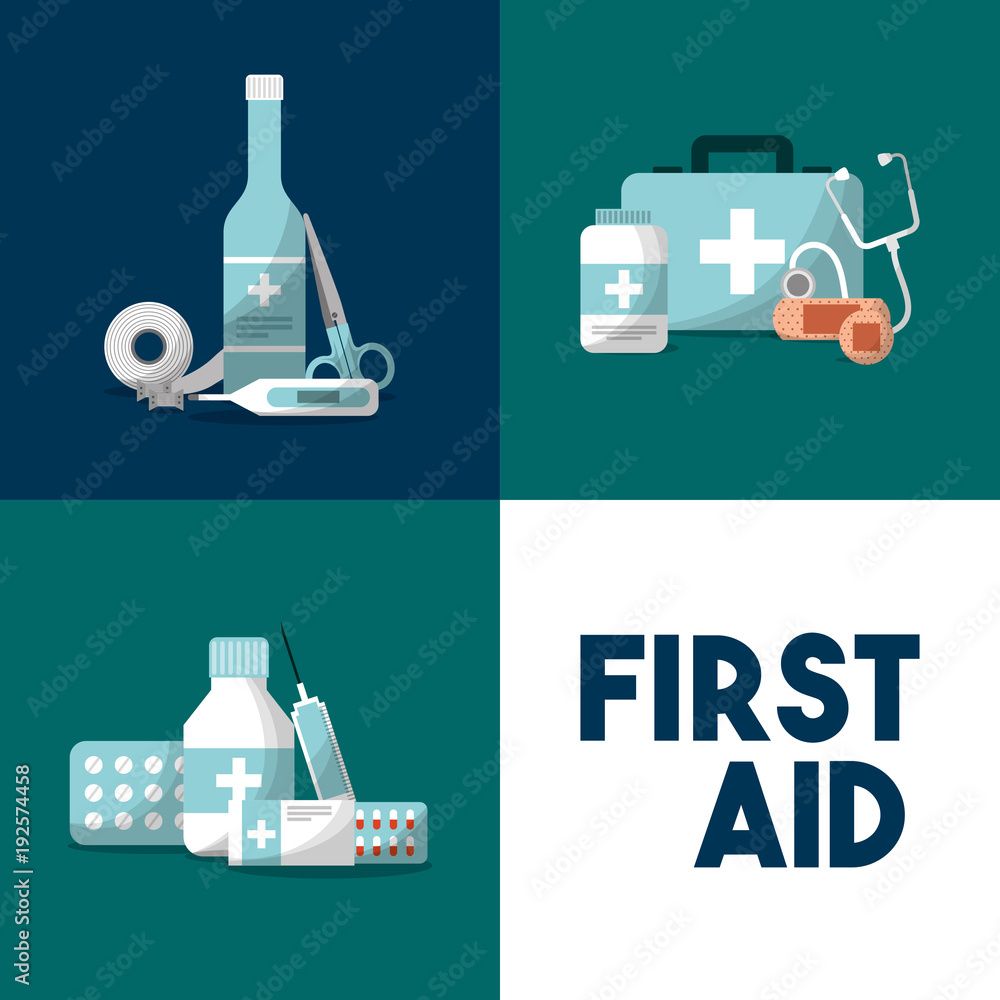 Poster first aid medical equipment emergency kit vector illustration