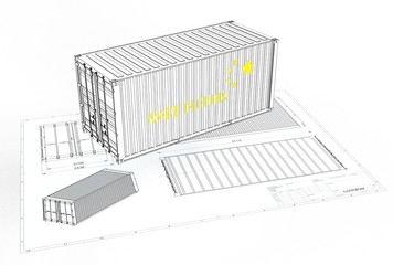 3d illustration of china iso container above engineering drawing