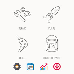 Wrench tool, pliers and drill icons.