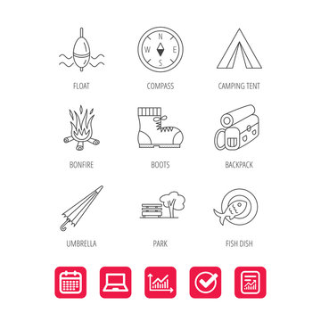 Park, fishing float and hiking boots icons.