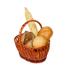 Bread loaves and baguettes in a wicker basket