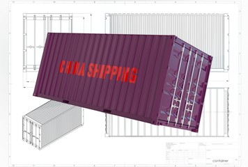 3d illustration of china iso container above engineering drawing