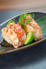Close up image of the fried shrimps on the plate