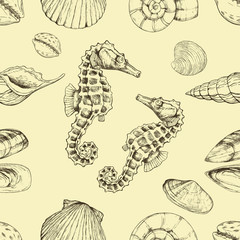 Seamless pattern with seashells, seahors. Marine background. Vector illustration in sketch style. Perfect for greetings, invitations, wrapping paper, textile, wedding and web design