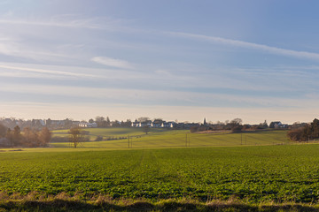 Fototapeta premium Weite Landschaft im Frühling mit grüner Wiese