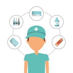 cartoon paramedic staff emergency first aid supplies vector illustration