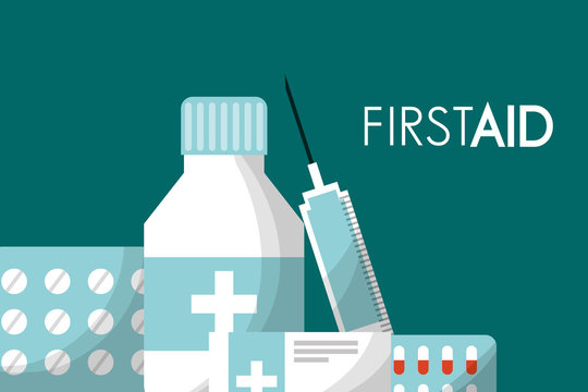 first aid kit botlle syringe pills capsule medical health vector illustration