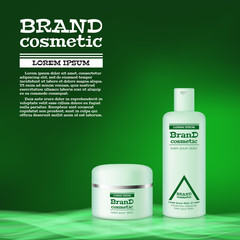 3D realistic cosmetic bottle ads template. Cosmetic brand advertising concept design with abstract glowing waves