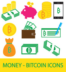 Set, collection or pack of Bitcoin crypto currency icon, logo or vector. Coins, notes or bills, cell or mobile phone, wallet or check. Symbol for bank or banking on digital economy with virtual money