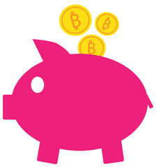 Bitcoin crypto currency icon or vector logo on coins and a piggy bank. Symbol for bank or banking on a digital economy with virtual cash and currencies used for commerce payment and financial network
