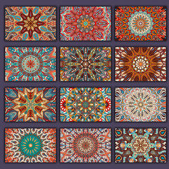 Collection retro cards shirts with ethnic backgrounds. Card of invitation with vintage design elements.