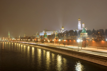 Moscow Kremlin, Kremlin Embankment and Moscow River at night in Moscow, Russia.
