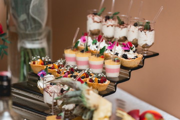 Set of different cakes sweets and desserts arranged on one plate. Party candy bar
