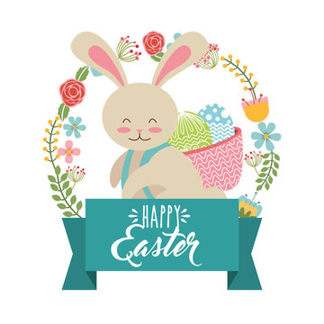cute bunny carrying basket eggs wreath floral happy easter vector illustration