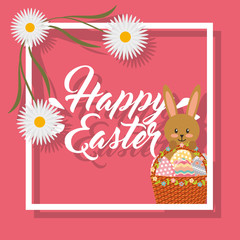 beautiful rabbit holding basket frame flowers decoration happy easter vector illustration