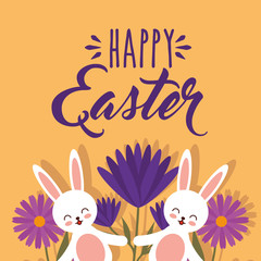 funny rabbits with flowers decoration happy easter card vector illustration