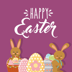 cute rabbits with baskets floral and eggs happy easter vector illustration