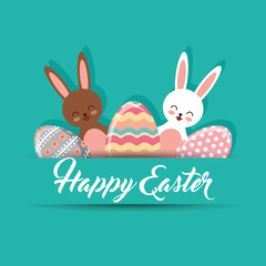 cute bunnies and decorative eggs happy easter green background vector illustration