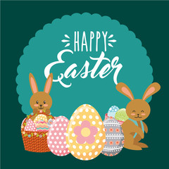 beauty bunnies with decorative baskets egg happy easter label ornament vector illustration