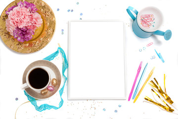 White, gold, turquoise and pink womens office desk table with a lot of things on it. Top view with copy space.frame