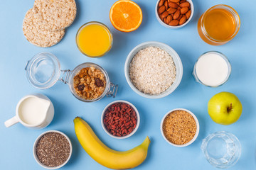 Useful breakfast on a blue pastel background