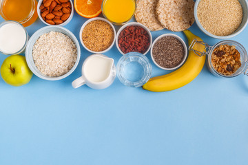 Useful breakfast on a blue pastel background